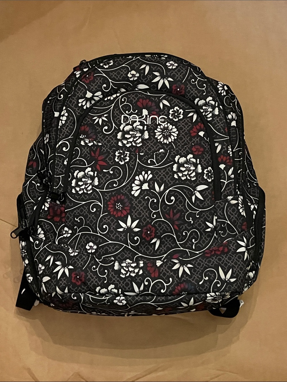 Dakine Black Floral Backpack with Burgundy Accents
